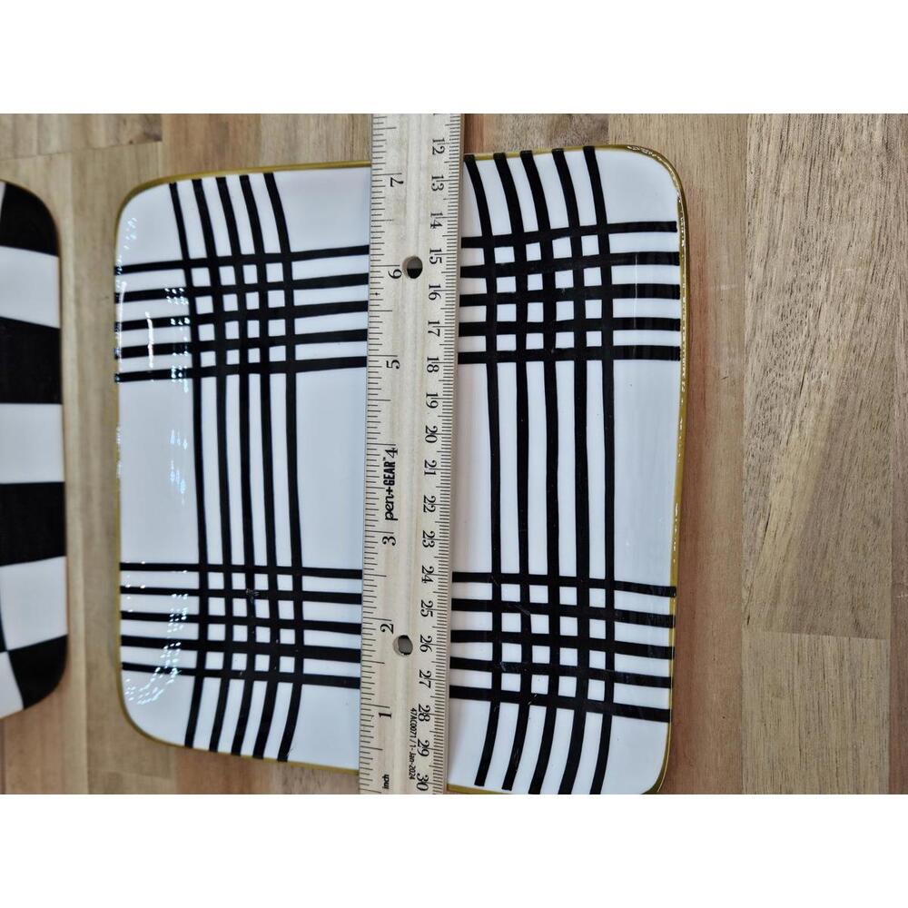 ​Set of 2 Over and Back Stoneware Plates Black & White Checkered and Plaid 6.5" - Picture 2 of 11
